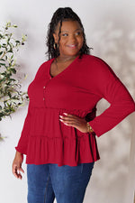 Double Take Half Button Long Sleeve Ruffle Hem Blouse - Ladyez