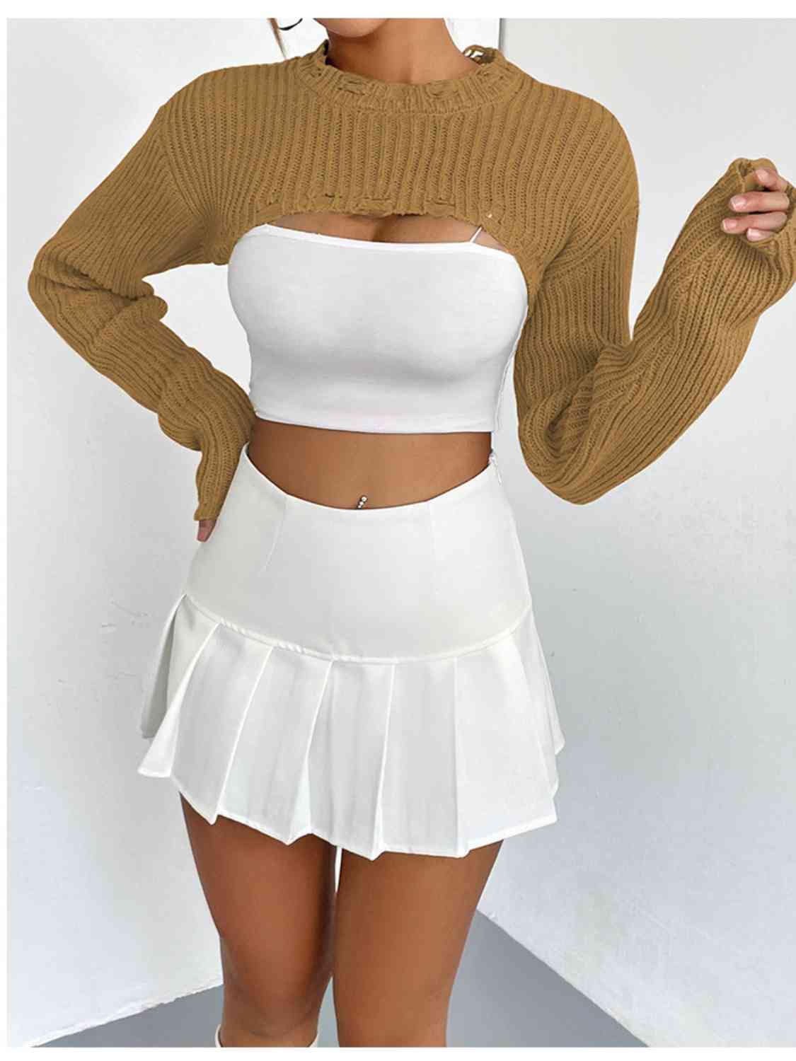 Distressed Long Sleeve Cropped Sweater - Ladyez