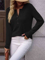Round Neck Buttoned Long Sleeve T-Shirt - Ladyez
