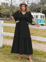 Plus Size Tassel Trim V-Neck Short Sleeve Ruffle Hem Dress - Ladyez