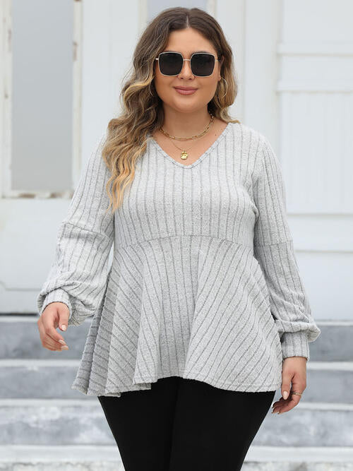 Plus Size Ribbed V-Neck Long Sleeve Blouse - Ladyez