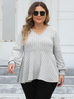 Plus Size Ribbed V-Neck Long Sleeve Blouse - Ladyez