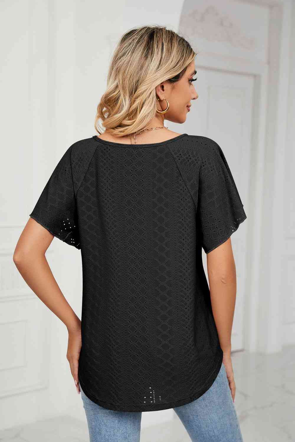 Eyelet Tie-Neck Flutter Sleeve Top - Ladyez