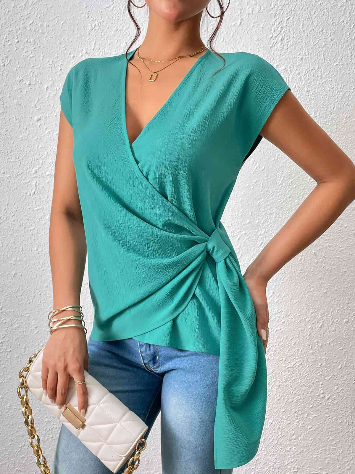 Tied Surplice Neck Short Sleeve Blouse - Ladyez