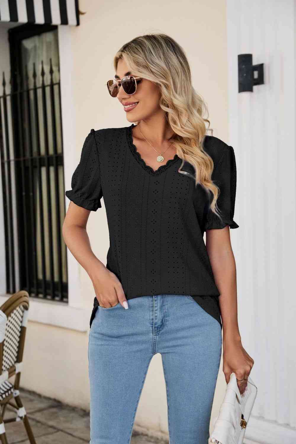 Eyelet Flounce Sleeve Scalloped V-Neck Top - Ladyez