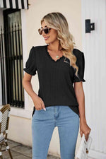 Eyelet Flounce Sleeve Scalloped V-Neck Top - Ladyez