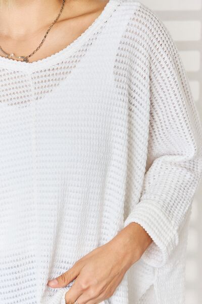 Zenana Full Size Waffle Knit V-Neck Long Sleeve Slit Top - Ladyez