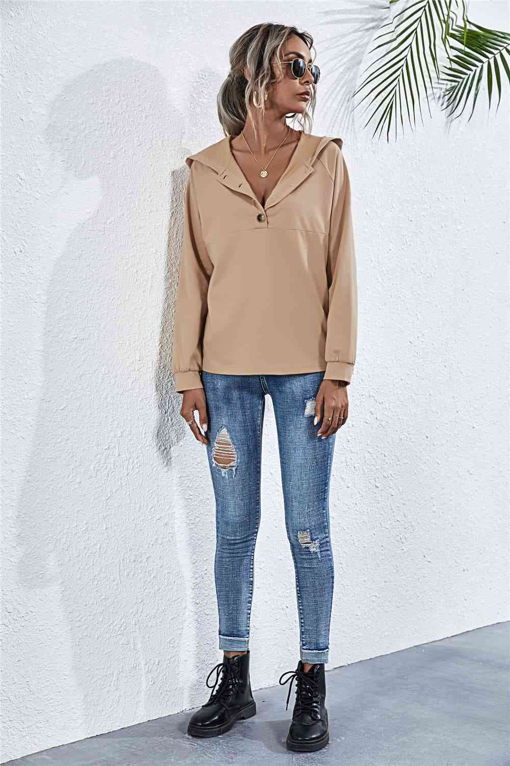 Buttoned Raglan Sleeve Hooded Blouse - Ladyez