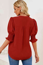 Smocked Flounce Sleeve Notched Neck Blouse - Ladyez