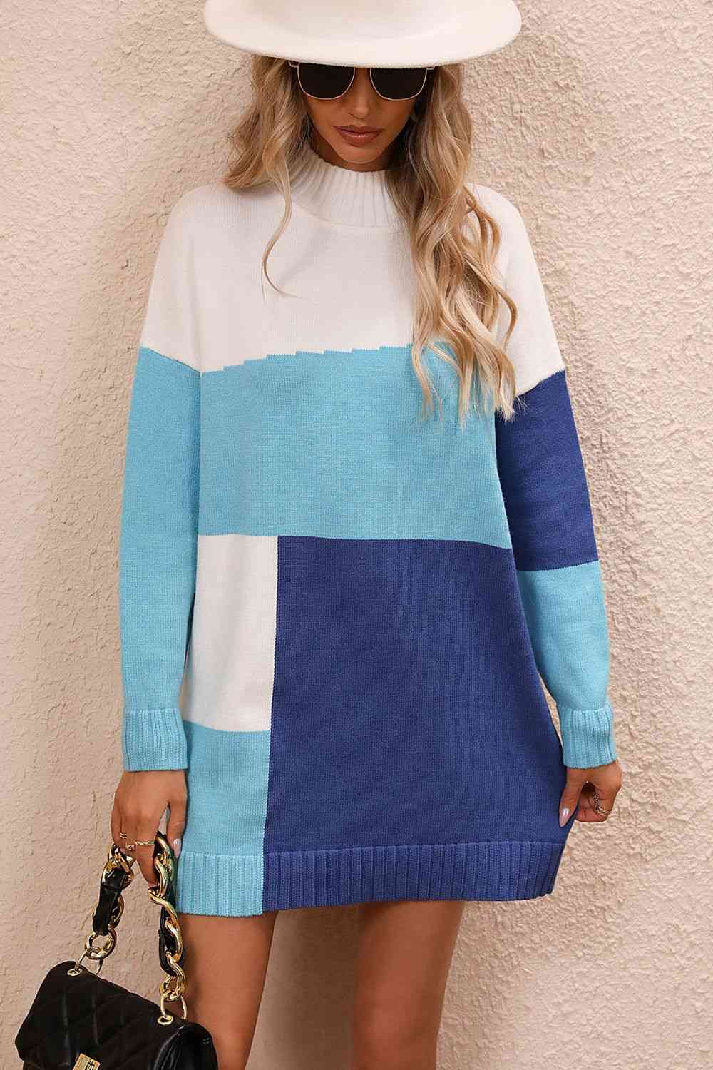 Color Block Mock Neck Dropped Shoulder Sweater Dress - Ladyez