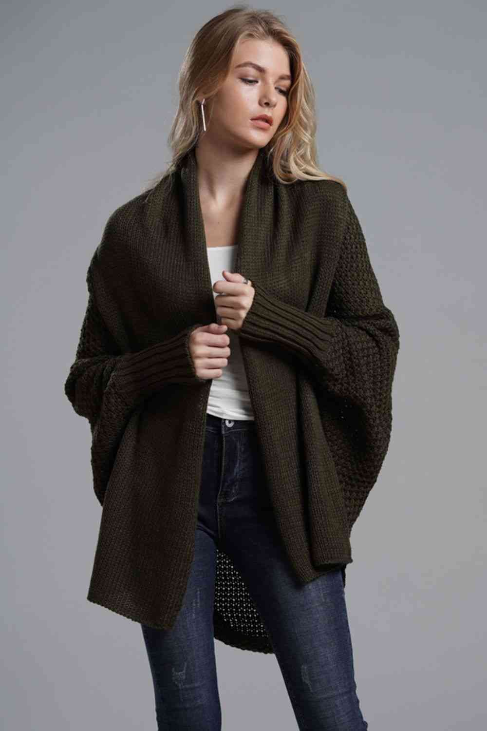 Double Take Dolman Sleeve Open Front Ribbed Trim Longline Cardigan - Ladyez