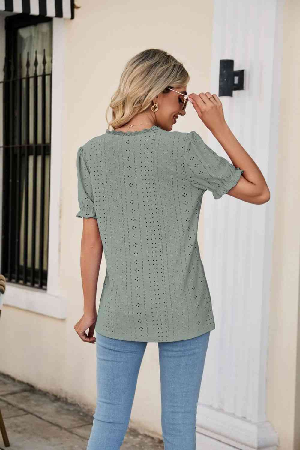 Eyelet Flounce Sleeve Scalloped V-Neck Top - Ladyez