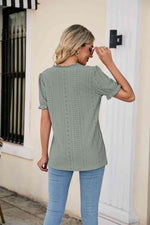 Eyelet Flounce Sleeve Scalloped V-Neck Top - Ladyez
