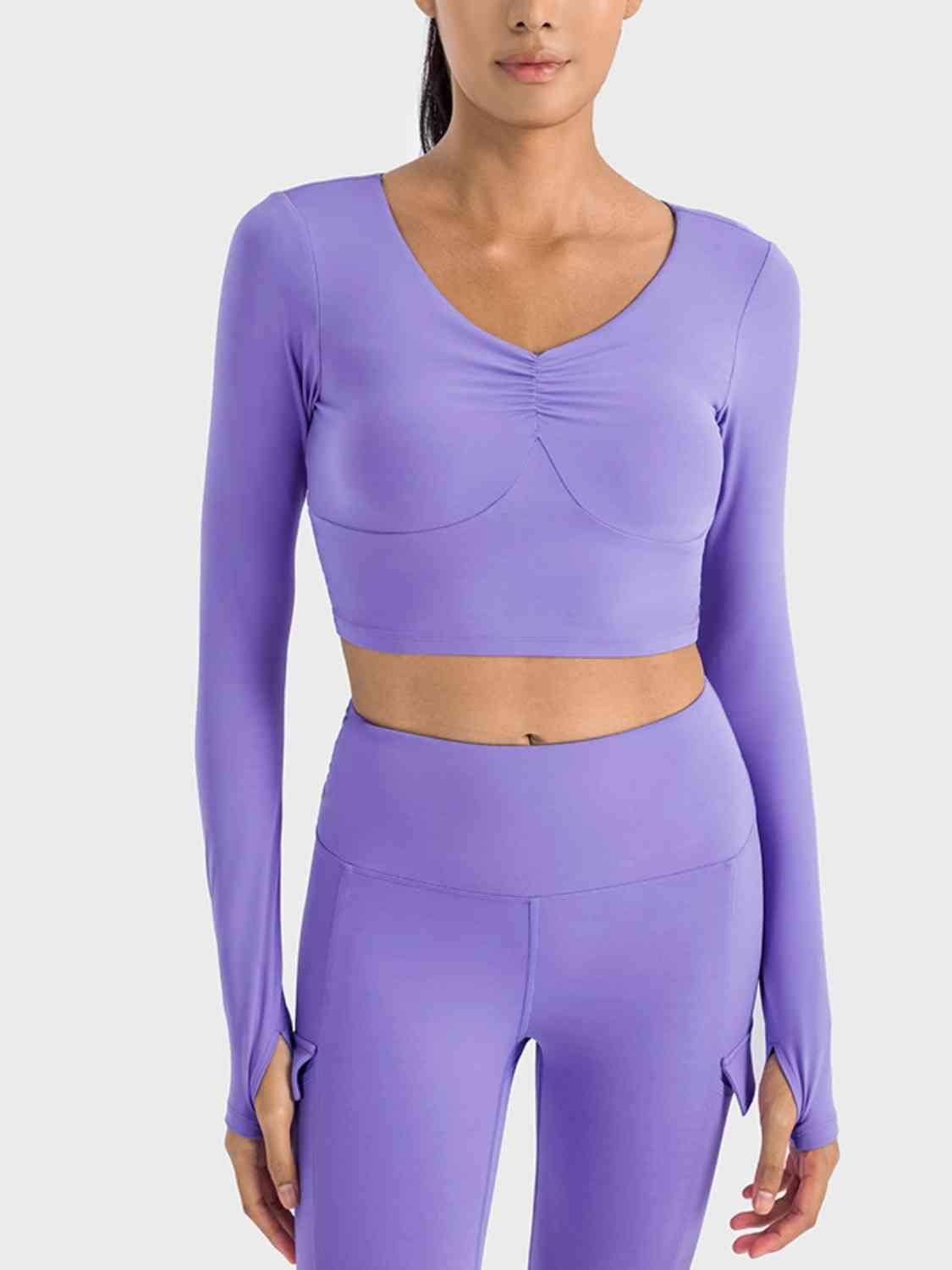 Ruched Cropped Long Sleeve Sports Top - Ladyez