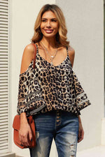 Printed Cold-Shoulder Three-Quarter Flare Sleeve Blouse - Ladyez