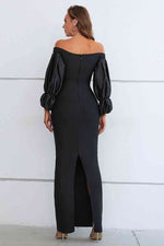 Off-Shoulder Bubble Sleeve Slit Dress - Ladyez