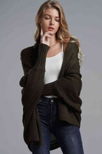 Double Take Dolman Sleeve Open Front Ribbed Trim Longline Cardigan - Ladyez