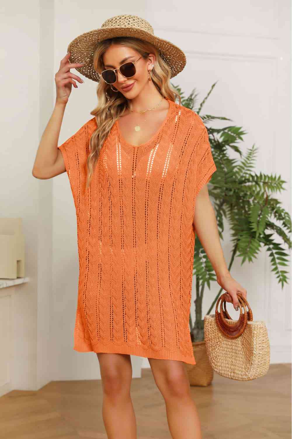 Openwork Side Slit Knit Dress - Ladyez