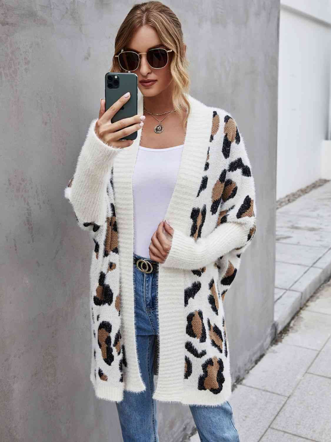 Leopard Pattern Fuzzy Cardigan - Ladyez