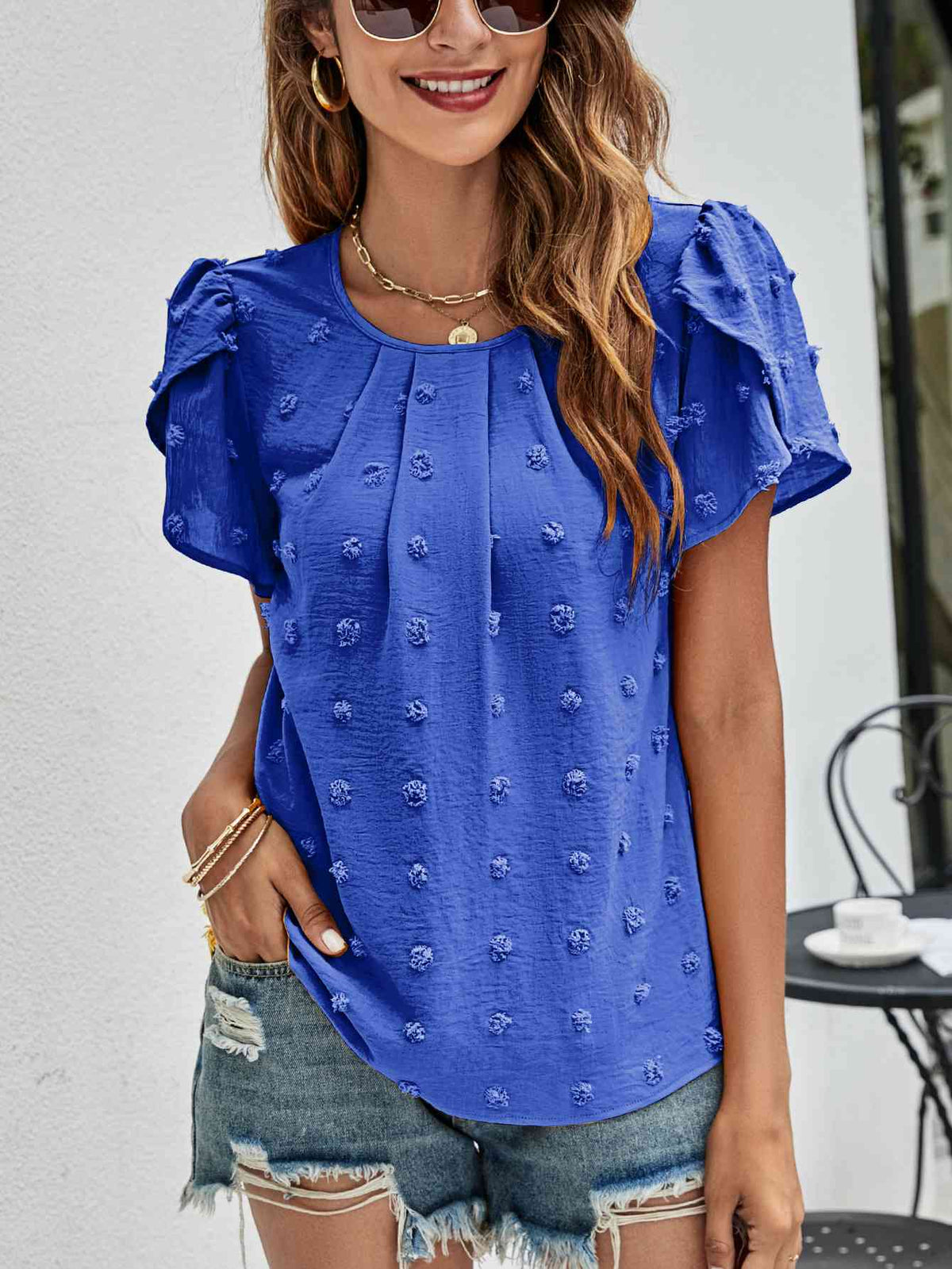 Swiss Dot Round Neck Petal Sleeve Top - Ladyez