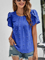 Swiss Dot Round Neck Petal Sleeve Top - Ladyez