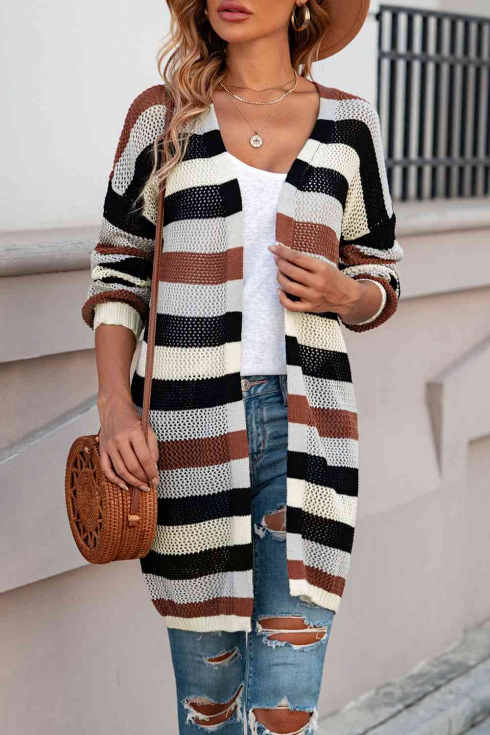 Full Size Striped Long Sleeve Openwork Cardigan - Ladyez