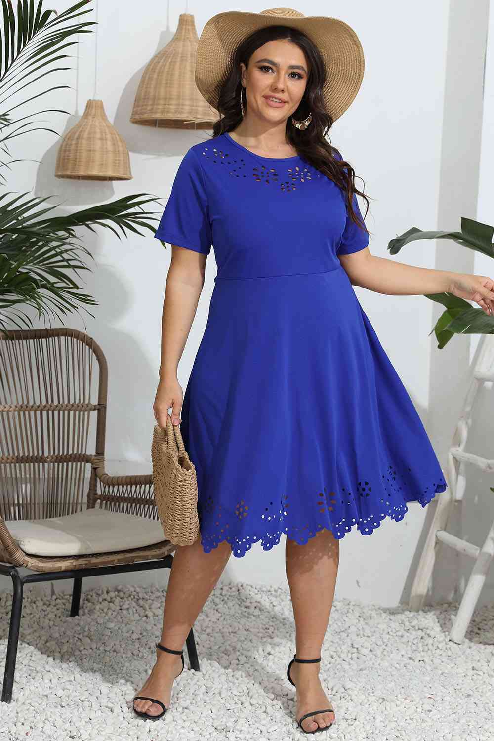 Plus Size Round Neck Openwork Dress - Ladyez