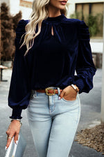Tie Up Mock Neck Velvet Fabric Long Sleeve Blouse - Ladyez