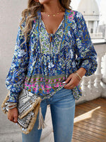 Bohemian Tie Neck Lantern Sleeve Blouse - Ladyez