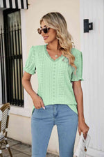 Eyelet Flounce Sleeve Scalloped V-Neck Top - Ladyez