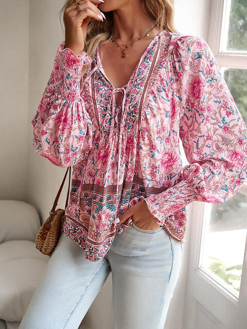 Bohemian Tie Neck Lantern Sleeve Blouse - Ladyez