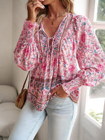 Bohemian Tie Neck Lantern Sleeve Blouse - Ladyez