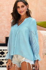 Crochet Flounce Sleeve Button Up Blouse - Ladyez