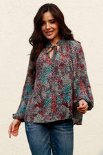 Tie Neck Heathered Balloon Sleeve Blouse - Ladyez