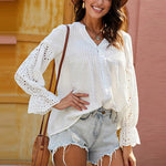 Crochet Flounce Sleeve Button Up Blouse - Ladyez