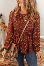 Floral Smocked Ruffle Hem Long Sleeve Blouse - Ladyez