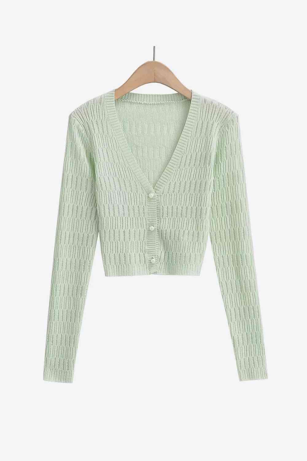 Button Down Long Sleeve Cropped Cardigan - Ladyez