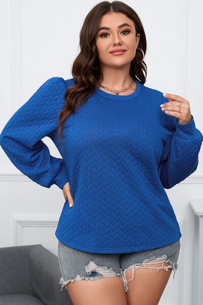 Plus Size Textured Round Neck Long Sleeve Top - Ladyez