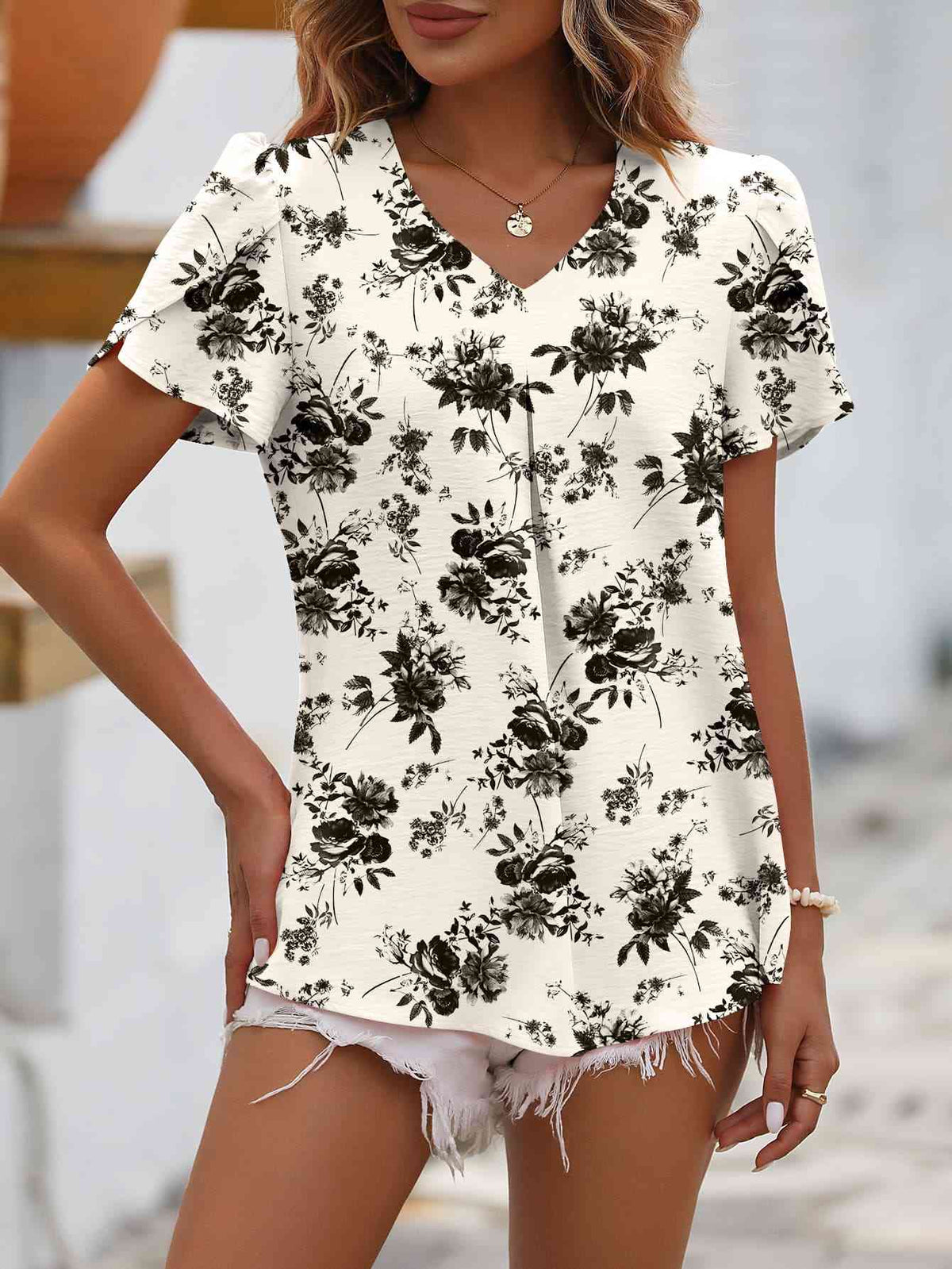 Ruche V-Neck Petal Sleeve Top - Ladyez