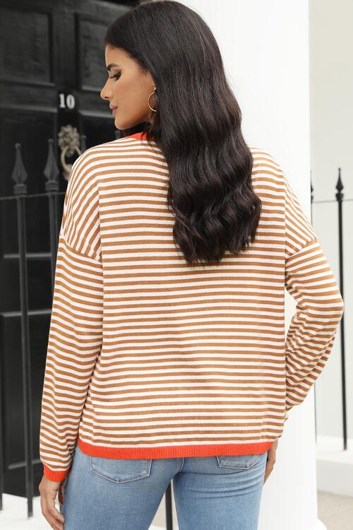 Striped Round Neck Drop Shoulder T-Shirt - Ladyez