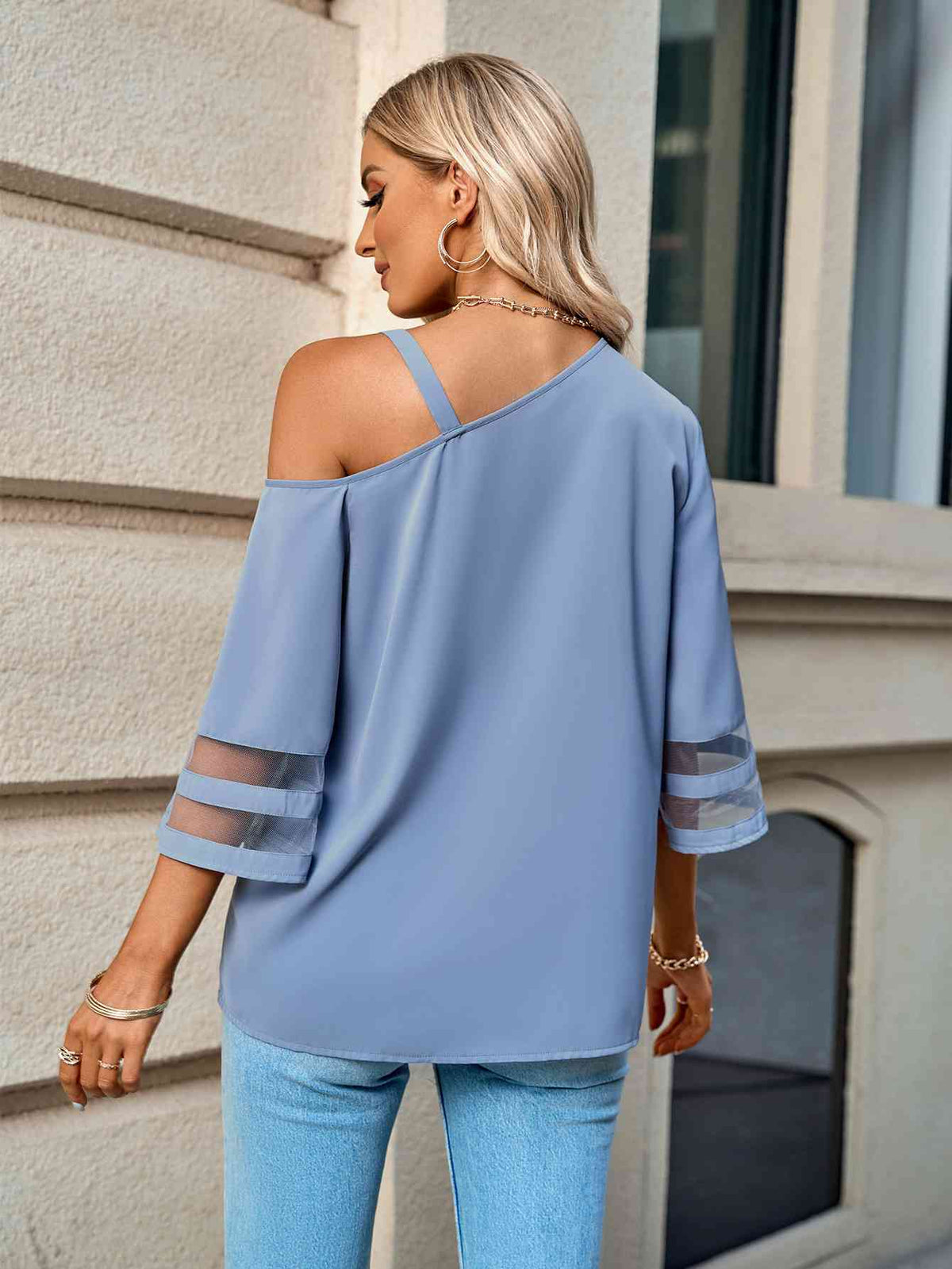 Asymmetrical Neck Sheer Striped Flare Sleeve Blouse - Ladyez