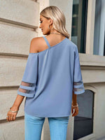 Asymmetrical Neck Sheer Striped Flare Sleeve Blouse - Ladyez
