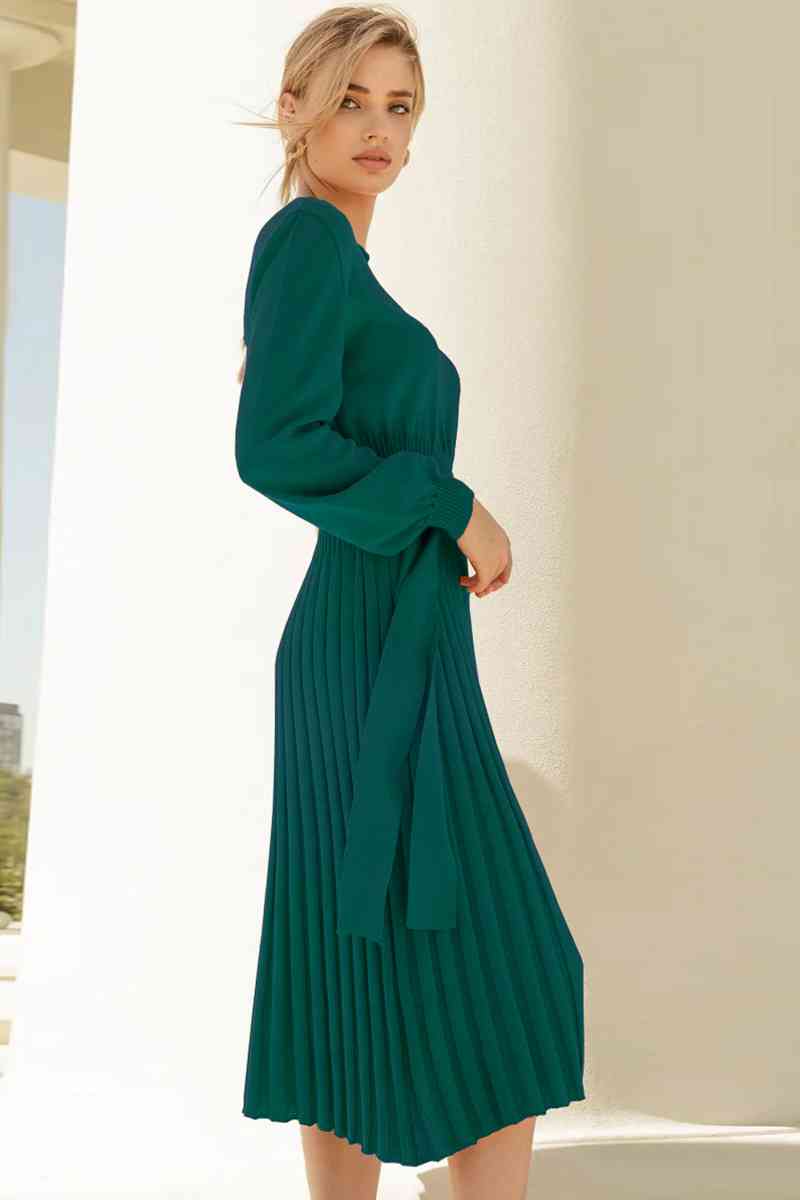Round Neck Long Sleeve Pleated Sweater Dress - Ladyez
