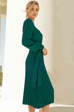 Round Neck Long Sleeve Pleated Sweater Dress - Ladyez