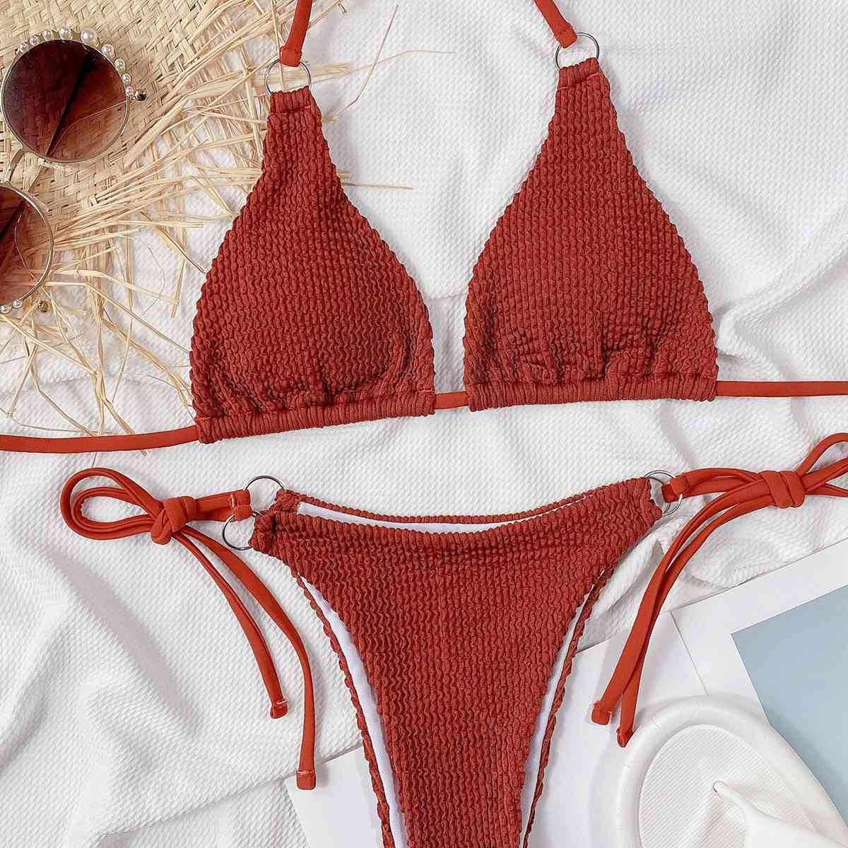 Textured Halter Neck Tie Side Bikini Set - Ladyez