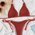 Textured Halter Neck Tie Side Bikini Set - Ladyez