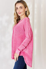 Zenana Oversized Washed Waffle Long Sleeve Top - Ladyez