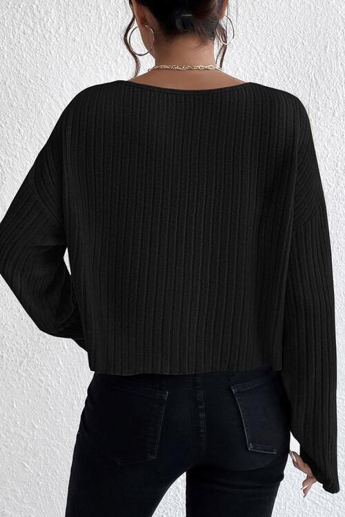 Ribbed Round Neck Drop Shoulder Long Sleeve Top - Ladyez
