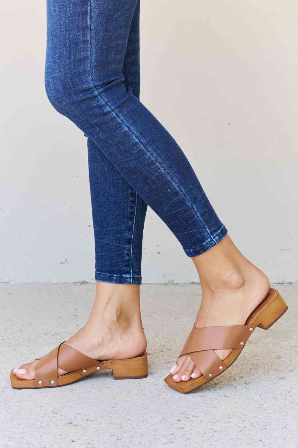 Weeboo Step Into Summer Criss Cross Wooden Clog Mule in Brown - Ladyez