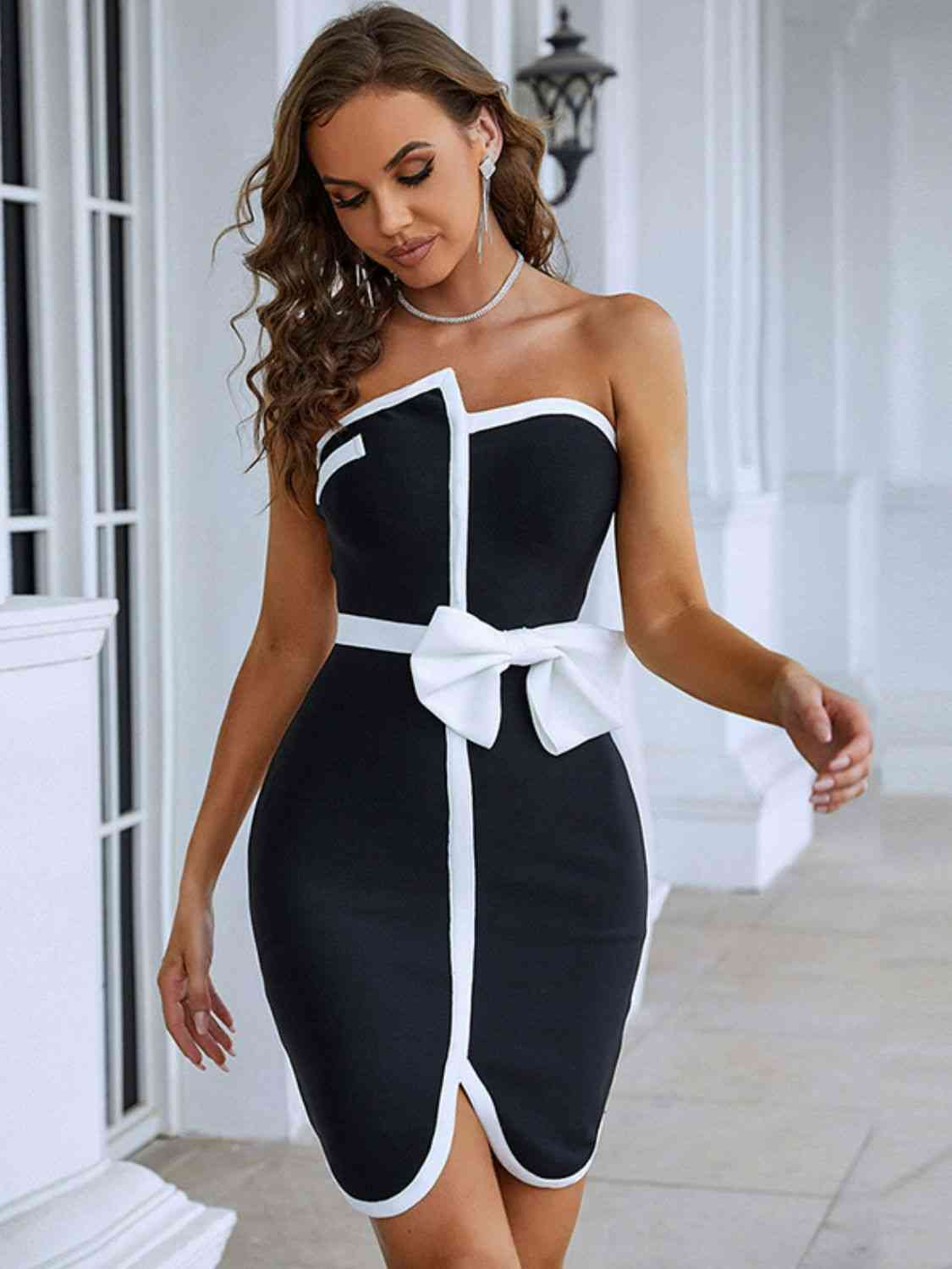 Contrast Strapless Bow Detail Mini Dress - Ladyez